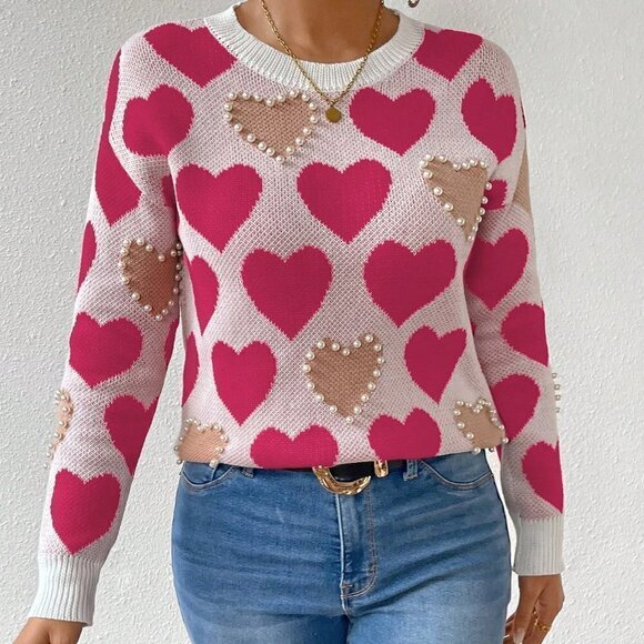 Hot Pink Casual Womens Heart Embroidery Beaded Pullover Sweater - Picture 3 of 5